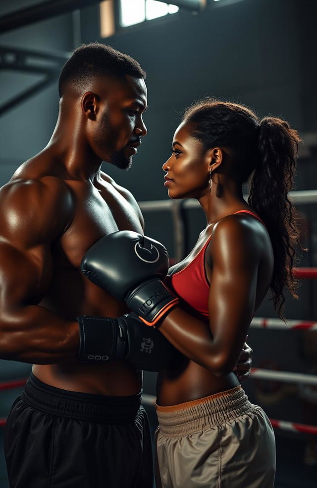 A passionate and intense romance scene set in a boxing gym, featuring a strong black woman and a muscular black man