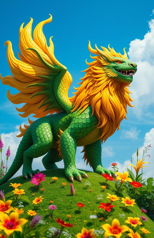 A majestic, vibrant, and mythical creature resembling a fusion of a dragon and a lion, standing atop a lush green hill under a bright blue sky