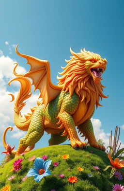 A majestic, vibrant, and mythical creature resembling a fusion of a dragon and a lion, standing atop a lush green hill under a bright blue sky