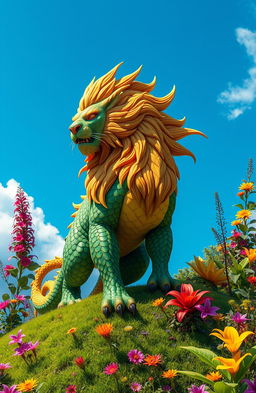 A majestic, vibrant, and mythical creature resembling a fusion of a dragon and a lion, standing atop a lush green hill under a bright blue sky