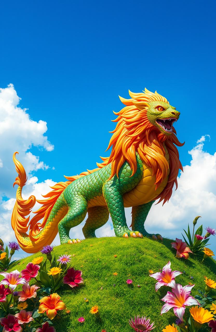 A majestic, vibrant, and mythical creature resembling a fusion of a dragon and a lion, standing atop a lush green hill under a bright blue sky