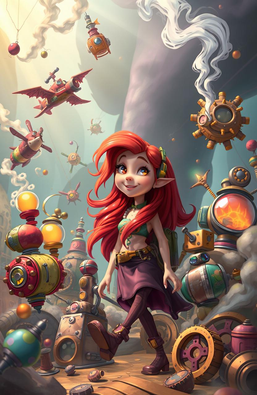 A whimsical adventure scene featuring Ariel Tritonsdatter in a fantastical environment filled with quirky gadgets and gizmos