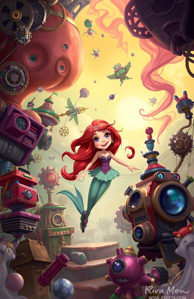 A whimsical adventure scene featuring Ariel Tritonsdatter in a fantastical environment filled with quirky gadgets and gizmos