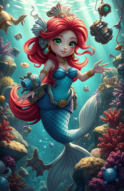 A whimsical adventure scene featuring Ariel Tritonsdatter, a mermaid character with vibrant red hair, shimmering scales, and intricate seashell accessories