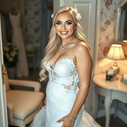 In a charmingly decorated dressing area, a happy young beautiful pleasantly plump bride with long, flowing blonde hair and sparkling blue eyes exudes joy as she prepares for her wedding day
