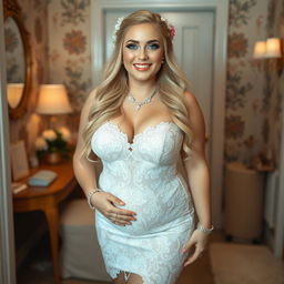 In a charmingly decorated dressing area, a happy young beautiful pleasantly plump bride with long, flowing blonde hair and sparkling blue eyes exudes joy as she prepares for her wedding day