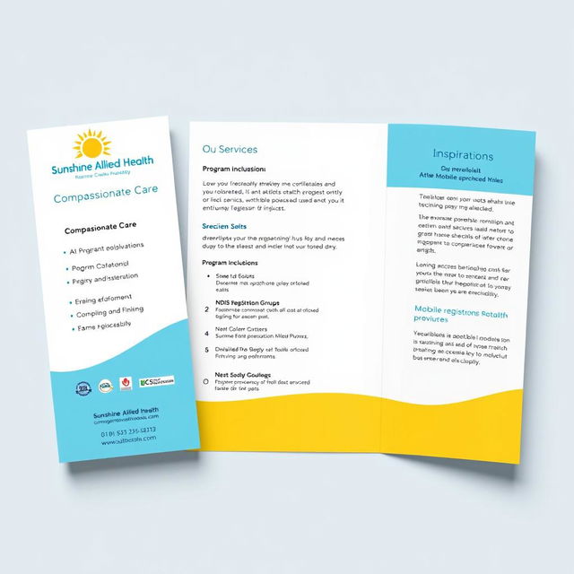 A tri-fold brochure design for 'Sunshine Allied Health' featuring a front panel with the logo incorporating a sun graphic, a tagline stating 'Compassionate Care', and a concise list of key services offered