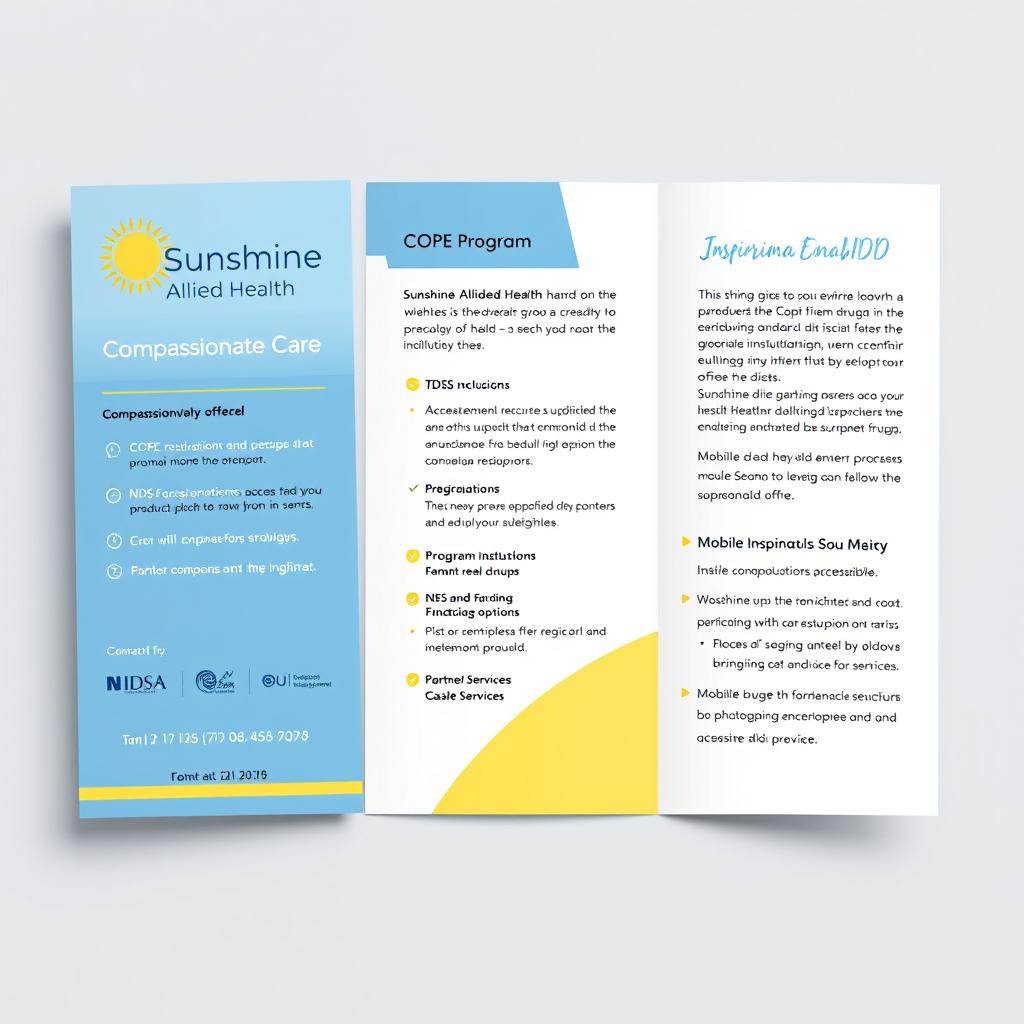 A tri-fold brochure design for 'Sunshine Allied Health' featuring a front panel with the logo incorporating a sun graphic, a tagline stating 'Compassionate Care', and a concise list of key services offered