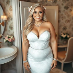 In a beautifully decorated dressing area, a happy young beautiful chubby curvy bride with long, flowing blonde hair and bright blue eyes radiates joy as she prepares for her wedding day