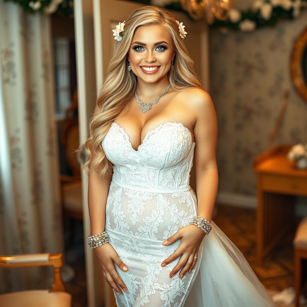 In a beautifully decorated dressing area, a happy young beautiful chubby curvy bride with long, flowing blonde hair and bright blue eyes radiates joy as she prepares for her wedding day