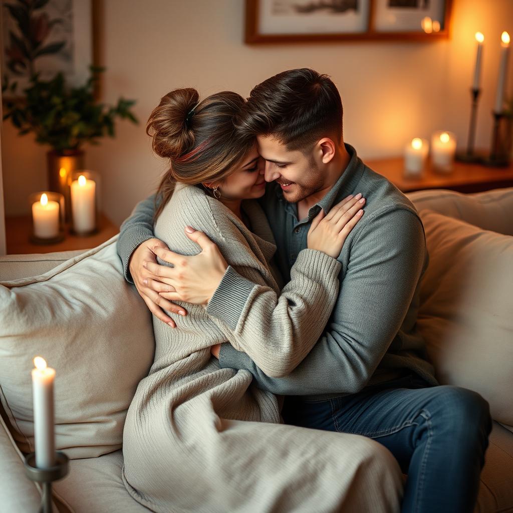 A beautiful scene of an intimate couple cuddling on a cozy couch in a softly lit room