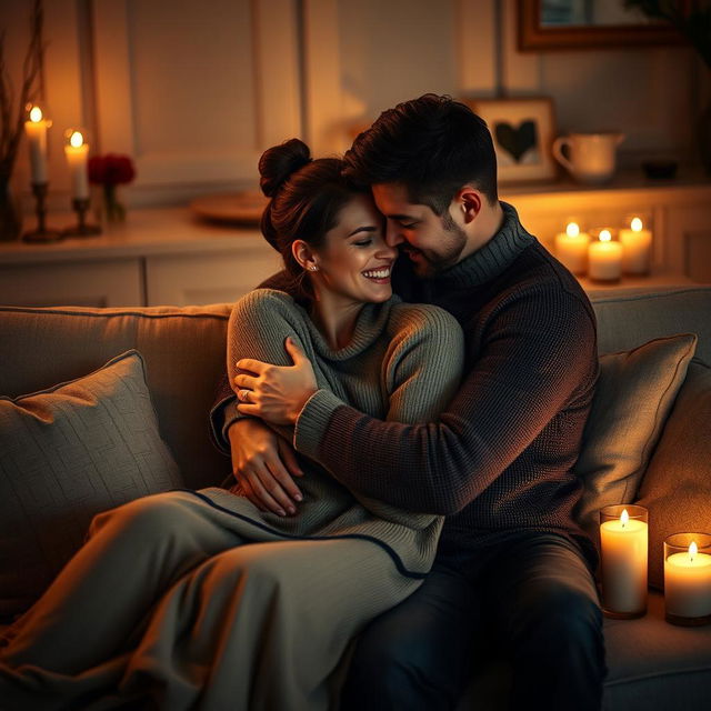 A beautiful scene of an intimate couple cuddling on a cozy couch in a softly lit room