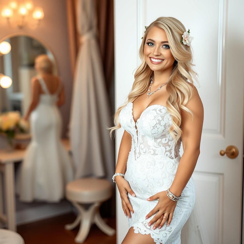 In a beautifully styled dressing area, a happy young beautiful chubby bride with long, flowing blonde hair and bright blue eyes beams with joy as she prepares for her wedding day