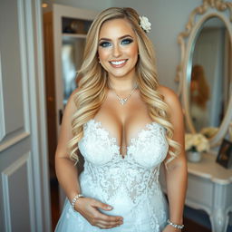 In a beautifully styled dressing area, a happy young beautiful chubby bride with long, flowing blonde hair and bright blue eyes beams with joy as she prepares for her wedding day