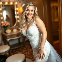 In a beautifully styled dressing area, a happy young beautiful curvy bride with luscious blonde hair and bright blue eyes radiates joy and confidence as she prepares for her wedding day