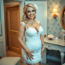 In a beautifully styled dressing area, a happy young beautiful curvy bride with luscious blonde hair and bright blue eyes radiates joy and confidence as she prepares for her wedding day