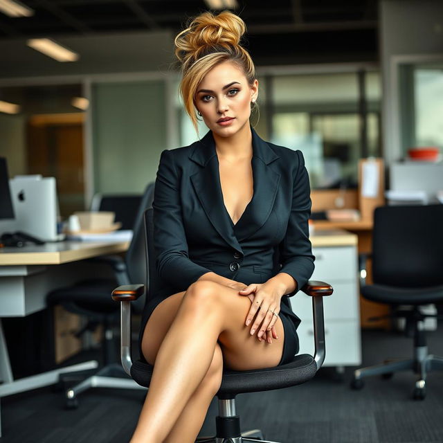 A 32-year-old Australian secretary with thick, messy dirty blonde hair styled in a bun