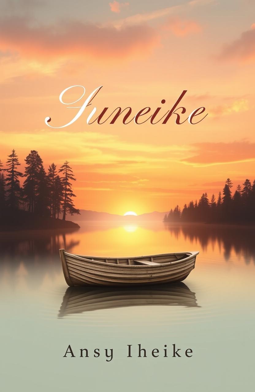 A nostalgic book cover design, featuring a dreamy sunset over a quiet lake surrounded by tall trees