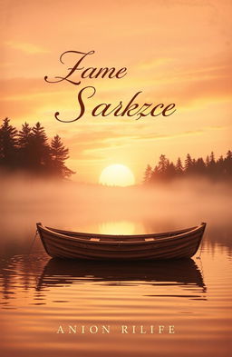 A nostalgic book cover design, featuring a dreamy sunset over a quiet lake surrounded by tall trees