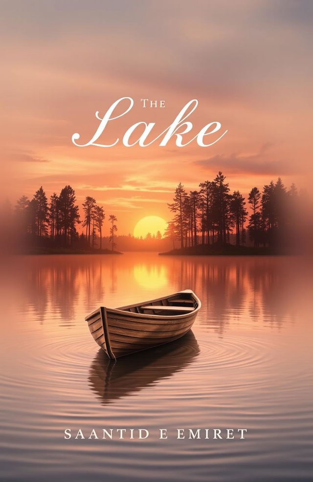 A nostalgic book cover design, featuring a dreamy sunset over a quiet lake surrounded by tall trees