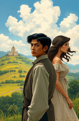 An artistic interpretation of the novel 'Noli Me Tangere' by Jose Rizal, featuring a dramatic scene set in 19th-century colonial Philippines