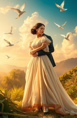 A romantic and historical scene depicting Maria Clara and Ibarra from Jose Rizal's 'Noli Me Tangere'