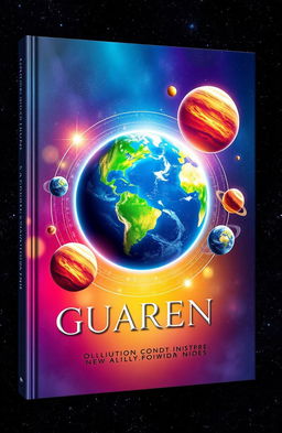 A stunning book cover design featuring a vibrant solar system, where each planet is artistically represented in vivid colors