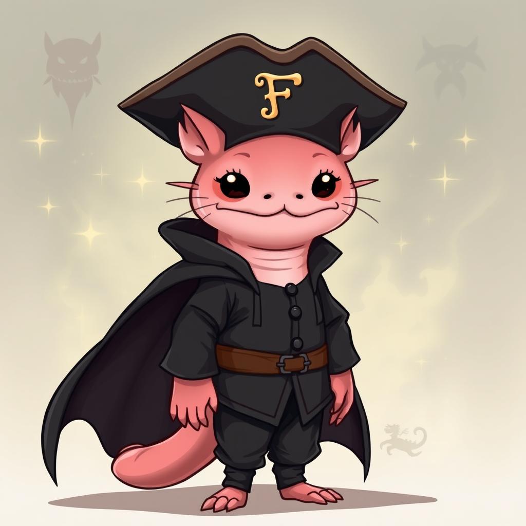 A charming axolotl wizard depicted as tall and skinny, combining a slightly cartoonish yet realistic style that enhances its cute and goofy appearance