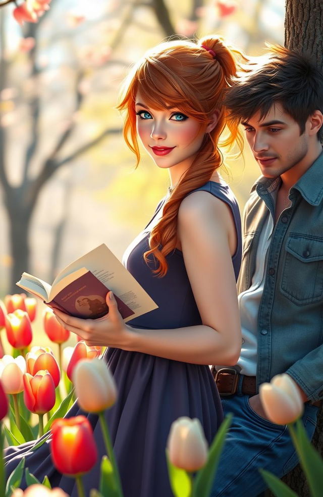 A romantic scene featuring a captivating red-haired girl, inspired by Taylor Swift, reading a book in a sunlit park surrounded by blooming tulips