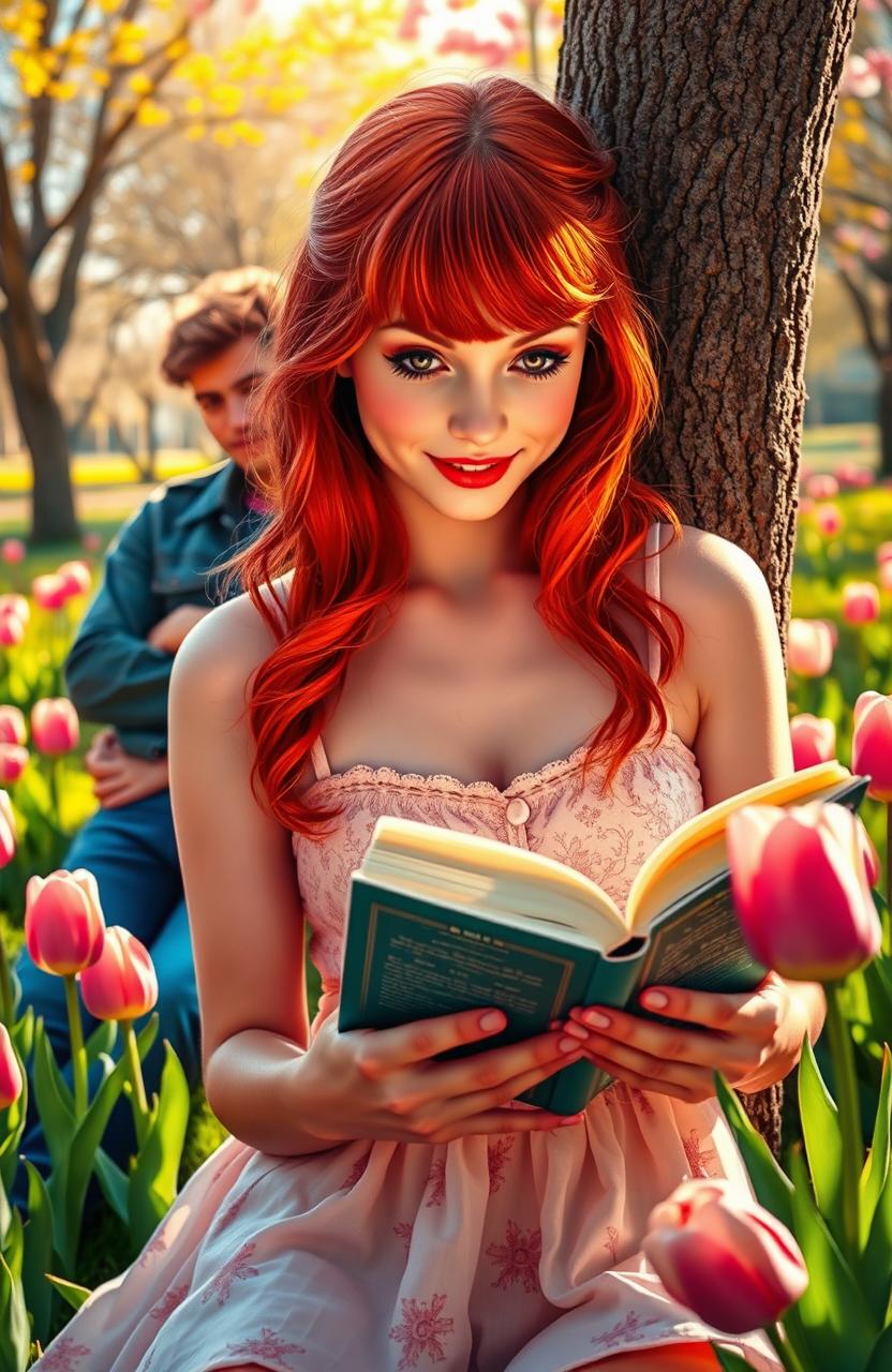 A romantic scene featuring a captivating red-haired girl, inspired by Taylor Swift, reading a book in a sunlit park surrounded by blooming tulips