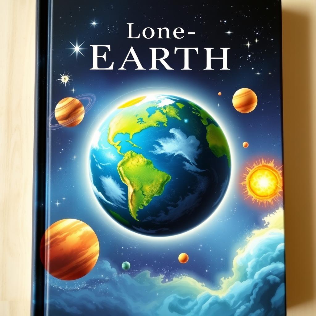 A captivating book cover design featuring a beautifully illustrated solar system, prominently showcasing Earth in the center