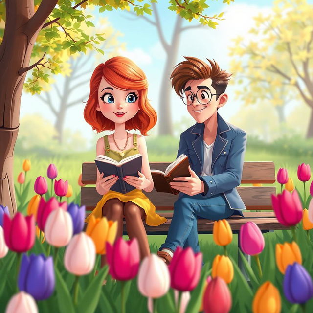 A vibrant animated scene depicting a charming red-haired girl inspired by Taylor Swift, sitting on a park bench engrossed in a book among a colorful field of blooming tulips