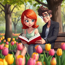 A vibrant animated scene depicting a charming red-haired girl inspired by Taylor Swift, sitting on a park bench engrossed in a book among a colorful field of blooming tulips