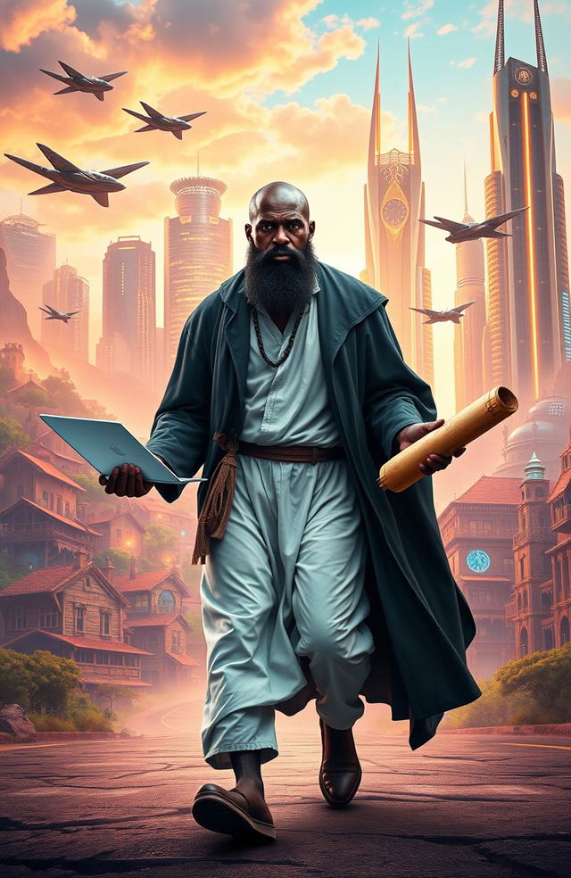 A prophetic figure resembling a bald black man, symbolizing wisdom, walks confidently through a vibrant, futuristic cityscape