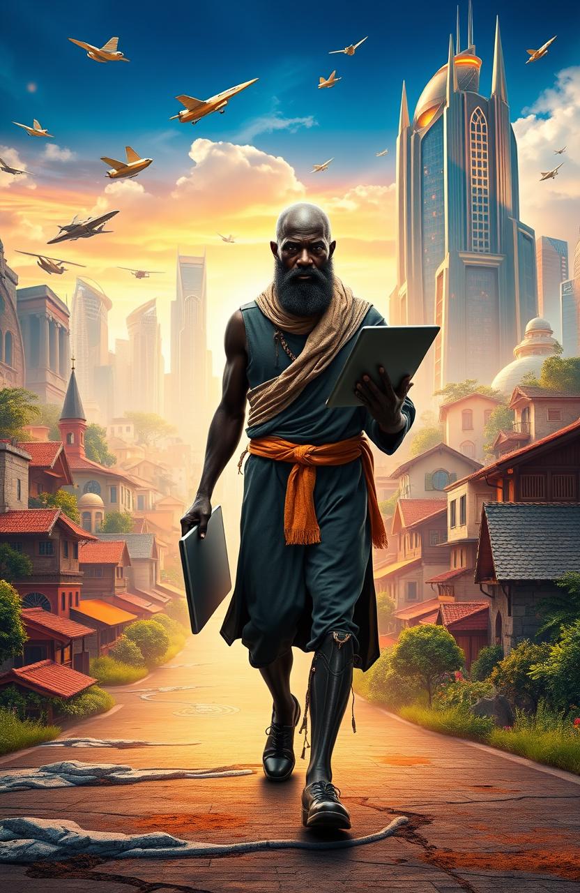 A prophetic figure resembling a bald black man, symbolizing wisdom, walks confidently through a vibrant, futuristic cityscape