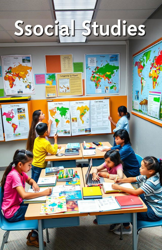 A creative and informative representation of a social studies project, showcasing a vibrant classroom setting with students engaged in collaborative activities