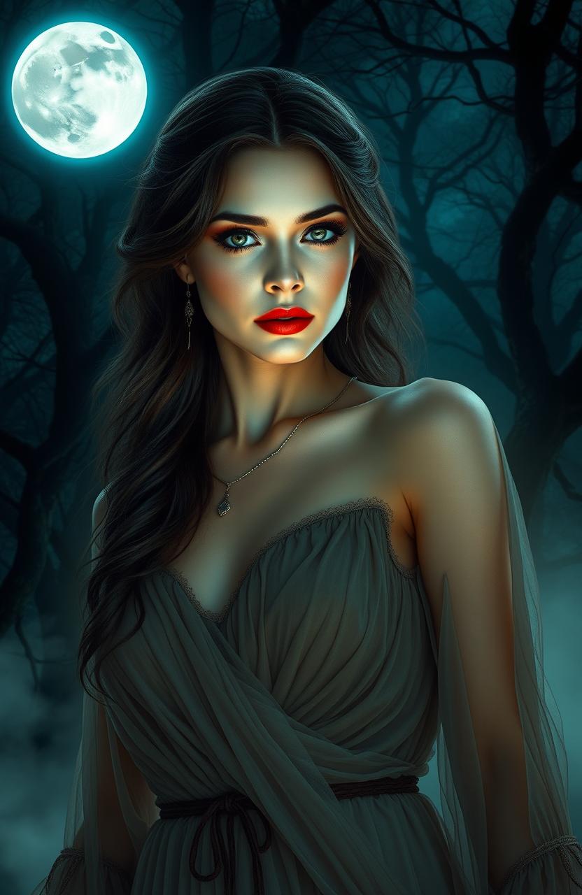 An enchanting scene depicting a mysterious woman with vivid, enchanting features, standing in a moonlit forest that evokes an ancient, magical atmosphere