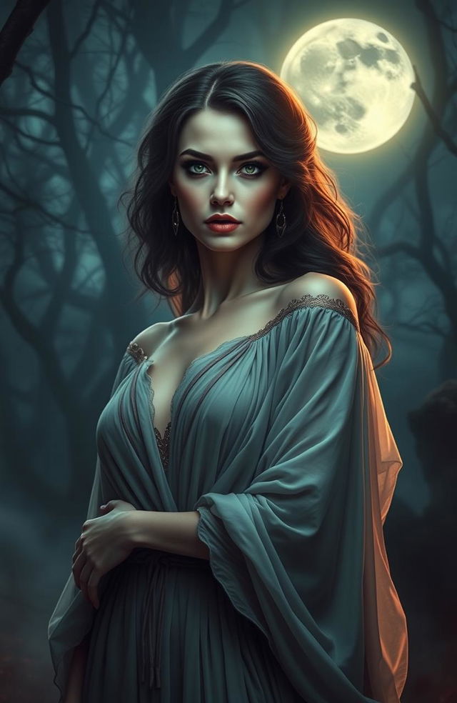 An enchanting scene depicting a mysterious woman with vivid, enchanting features, standing in a moonlit forest that evokes an ancient, magical atmosphere