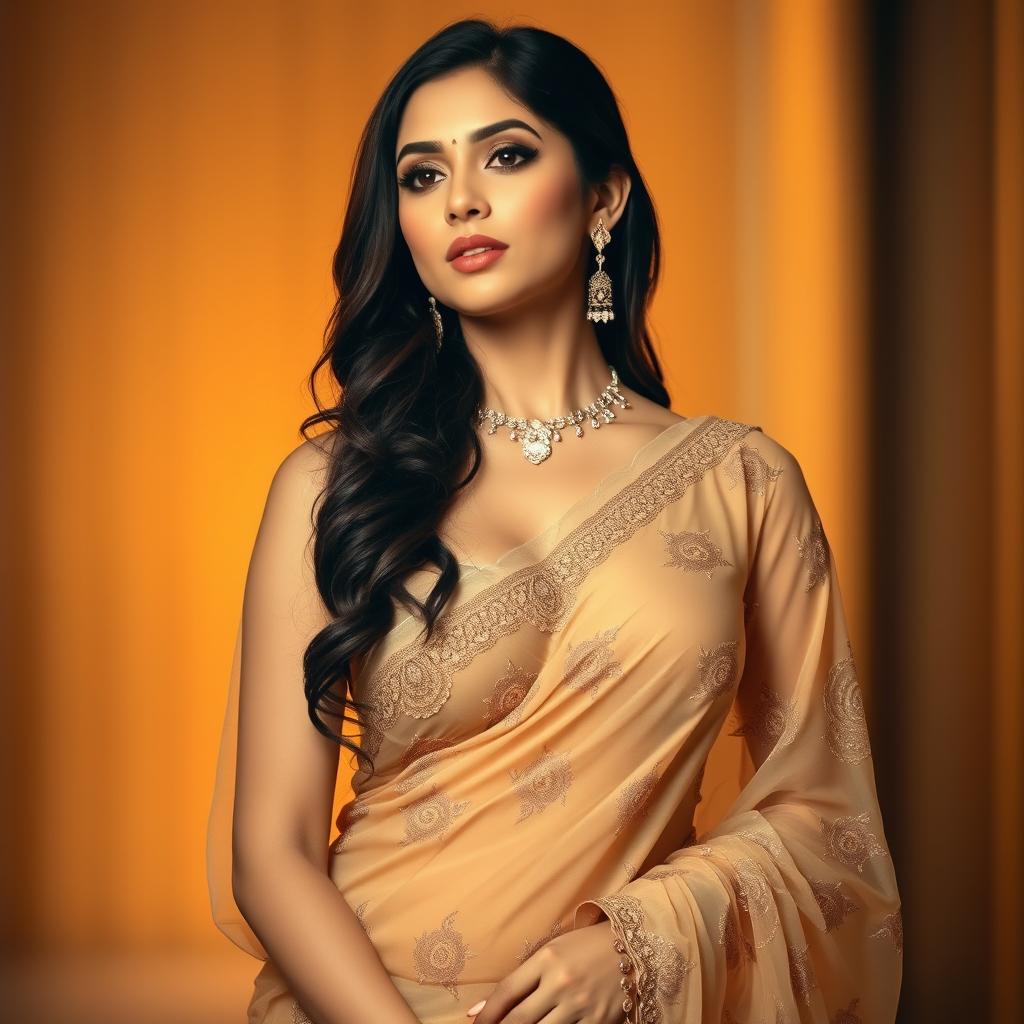 A beautiful woman wearing a transparent saree with intricate patterns, showcasing deep cleavage in an elegant pose