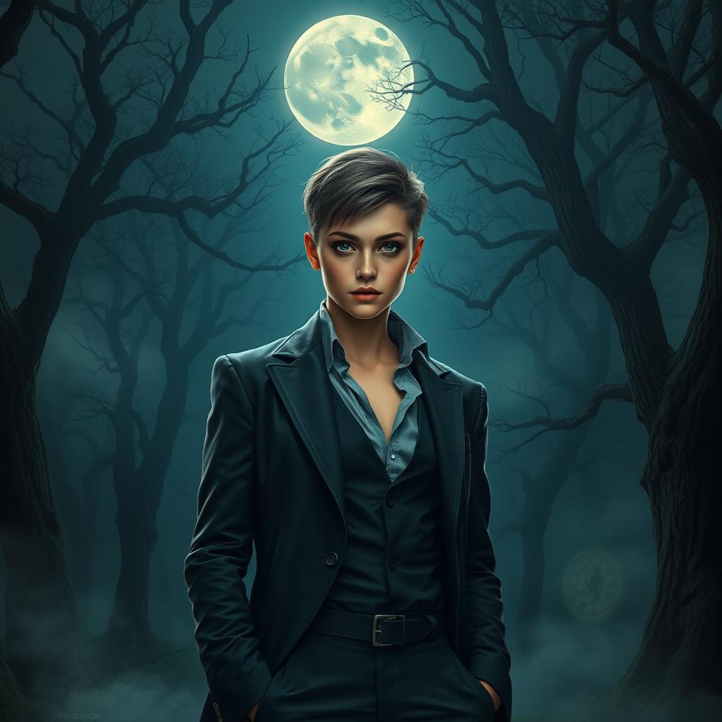 An enchanting scene depicting a young woman with androgynous features, standing in a moonlit forest that evokes an ancient, magical atmosphere