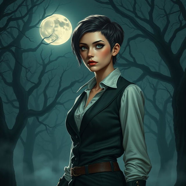 An enchanting scene depicting a young woman with androgynous features, standing in a moonlit forest that evokes an ancient, magical atmosphere