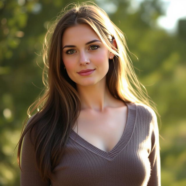 A 35-year-old woman with fair skin and long hair, styled in a natural look with minimal makeup, captured from the waist up in an outdoor setting