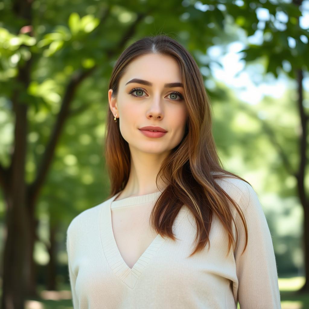 A 35-year-old woman with fair skin and long hair, styled in a natural look with minimal makeup, captured from the waist up in an outdoor setting