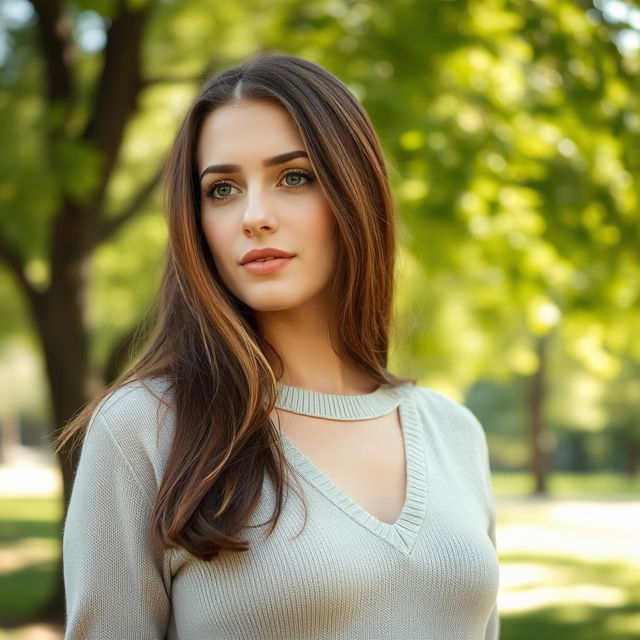 A 35-year-old woman with fair skin and long hair, styled in a natural look with minimal makeup, captured from the waist up in an outdoor setting