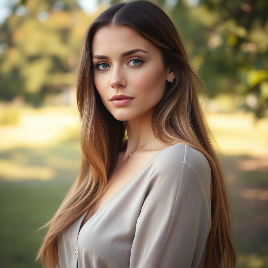 A 35-year-old woman with fair skin and long hair, beautifully styled in a natural look with minimal makeup, captured from the waist up in an outdoor setting