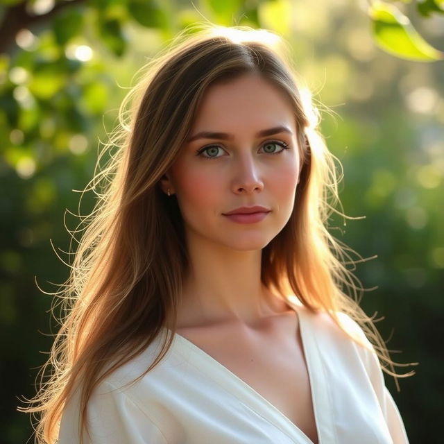 A 35-year-old woman with fair skin and long hair, beautifully styled in a natural look with minimal makeup, captured from the waist up in an outdoor setting