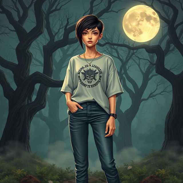 An enchanting scene depicting a young woman with androgynous features, styled in trendy youth fashion, standing in a moonlit forest that evokes an ancient, magical atmosphere