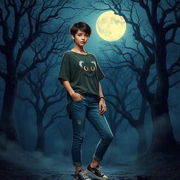 An enchanting scene depicting a young woman with androgynous features, styled in trendy youth fashion, standing in a moonlit forest that evokes an ancient, magical atmosphere