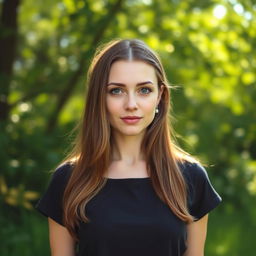 A 35-year-old woman with fair skin and long hair, styled in a natural look with minimal makeup, captured from the waist up in an outdoor setting