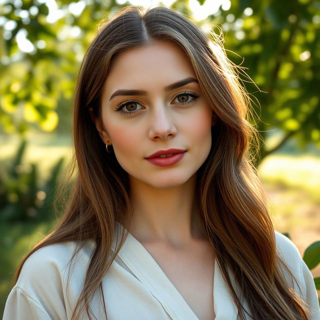 A 35-year-old woman with fair skin and long hair, styled in a natural look with minimal makeup, captured from the waist up in an outdoor setting